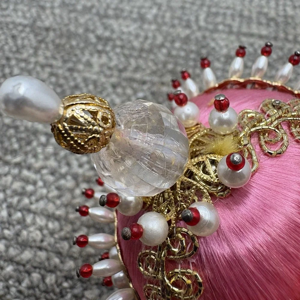 VTG Christmas Ornament PINK Beaded Pins Lace MCM Shiny Round Ball 4.5